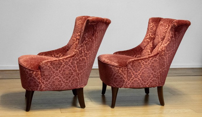 20th Century Napoleon III Armchairs in Velvet Jacquard Tone-on-Tone Brick, Set of 2-JE-1802105