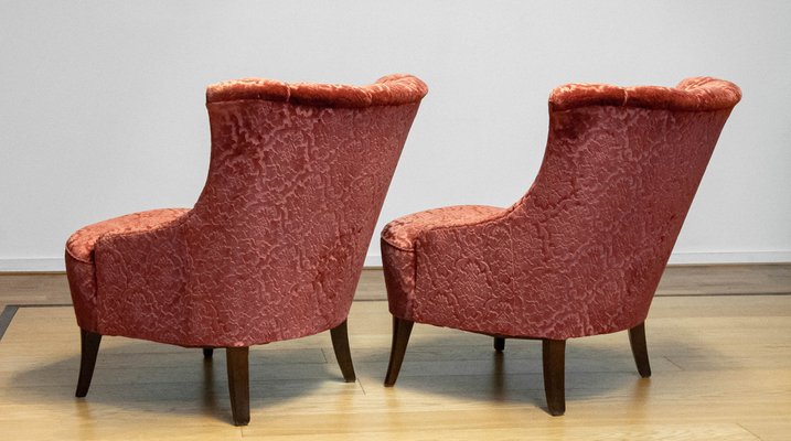 20th Century Napoleon III Armchairs in Velvet Jacquard Tone-on-Tone Brick, Set of 2-JE-1802105