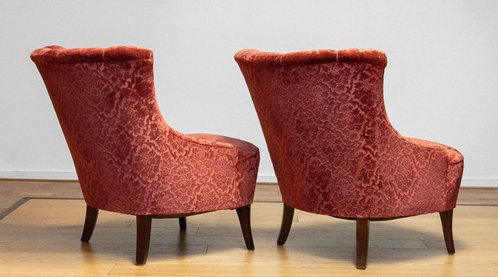 20th Century Napoleon III Armchairs in Velvet Jacquard Tone-on-Tone Brick, Set of 2-JE-1802105