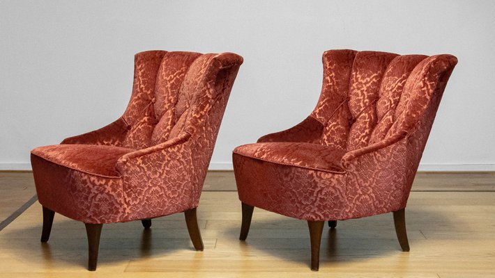 20th Century Napoleon III Armchairs in Velvet Jacquard Tone-on-Tone Brick, Set of 2-JE-1802105