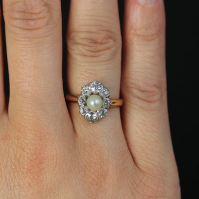 20th Century Pearl Diamonds Yellow Gold Platinum Marquise Ring-OLU-1719628