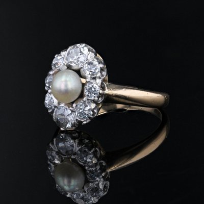 20th Century Pearl Diamonds Yellow Gold Platinum Marquise Ring-OLU-1719628