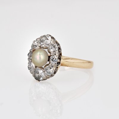 20th Century Pearl Diamonds Yellow Gold Platinum Marquise Ring-OLU-1719628