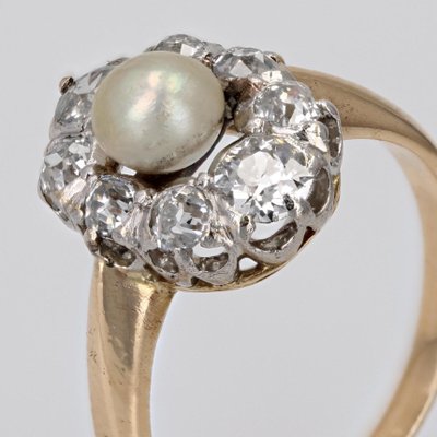 20th Century Pearl Diamonds Yellow Gold Platinum Marquise Ring-OLU-1719628