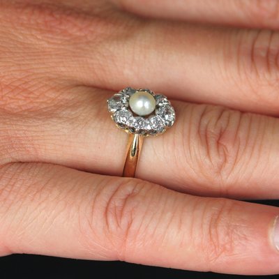 20th Century Pearl Diamonds Yellow Gold Platinum Marquise Ring-OLU-1719628