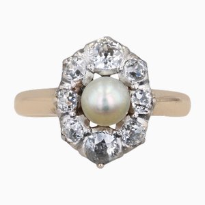 20th Century Pearl Diamonds Yellow Gold Platinum Marquise Ring-OLU-1719628