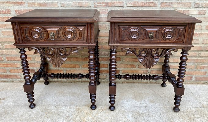 20th Century Solid Carved French Nightstands With Turned Columns & One Drawer, Set of 2-NOU-1295001