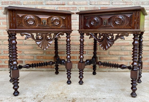 20th Century Solid Carved French Nightstands With Turned Columns & One Drawer, Set of 2-NOU-1295001