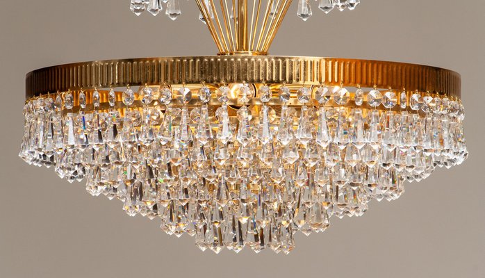 24-Carat Gold-Plated and Faceted Crystal Chandelier by Rejmyre, Sweden, 1960s-JE-987185