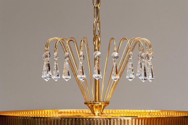 24-Carat Gold-Plated and Faceted Crystal Chandelier by Rejmyre, Sweden, 1960s-JE-987185