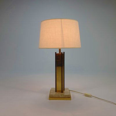 24KT Gold-Plated & Travertine Table Lamp, 1970s-RMX-986551