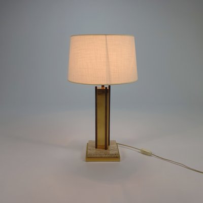 24KT Gold-Plated & Travertine Table Lamp, 1970s-RMX-986551