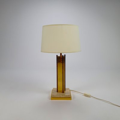 24KT Gold-Plated & Travertine Table Lamp, 1970s-RMX-986551