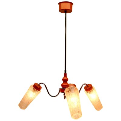 3-Arm Hanging Lamp in Tangerine, Chrome and Wood with Optical Shades, 1960s-MJY-1148961