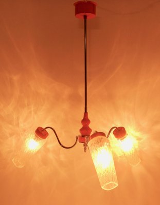 3-Arm Hanging Lamp in Tangerine, Chrome and Wood with Optical Shades, 1960s-MJY-1148961