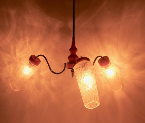 3-Arm Hanging Lamp in Tangerine, Chrome and Wood with Optical Shades, 1960s-MJY-1148961