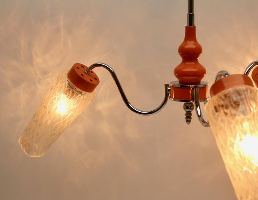 3-Arm Hanging Lamp in Tangerine, Chrome and Wood with Optical Shades, 1960s-MJY-1148961