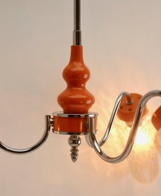 3-Arm Hanging Lamp in Tangerine, Chrome and Wood with Optical Shades, 1960s-MJY-1148961