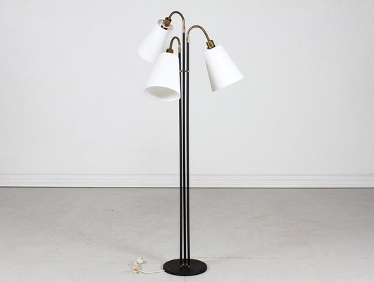 3-Armed Floor Lamp in Brass and Black Lacquered Metal in the Style of Josef Frank, 1950s-QQ-1763190