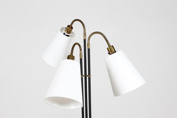 3-Armed Floor Lamp in Brass and Black Lacquered Metal in the Style of Josef Frank, 1950s-QQ-1763190