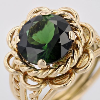 4.34 Carats Green Tourmaline 18 Karat Yellow Gold Ring, 1960s-OLU-1743320