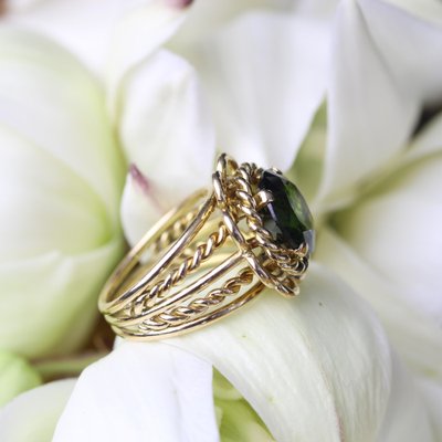 4.34 Carats Green Tourmaline 18 Karat Yellow Gold Ring, 1960s-OLU-1743320