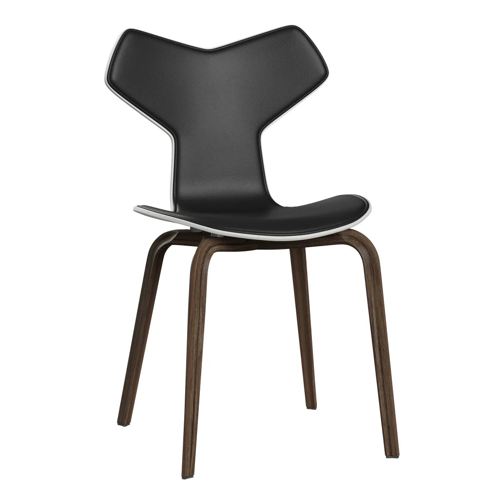 Grand Prix™ - 4130, Front Upholstered (Shell - Coloured Veneer / Ash - White (105) / Upholstery Material - Aura Leather / Base - Clear Lacquered Veneer / Walnut / Seat height - 46 cm / feet with felt - Yes) by Fritz Hansen #Aura Leather / Black