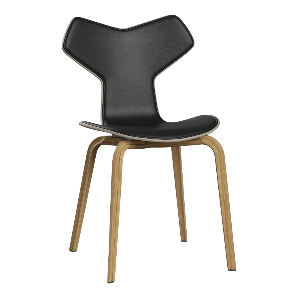 Grand Prix™ - 4130, Front Upholstered (Shell - Coloured Veneer / Ash - Light Beige (135) / Upholstery Material - Aura Leather / Base - Clear Lacquered Veneer / Oak / Seat height - 46 cm / feet with felt - Yes) by Fritz Hansen #Aura Leather / Black