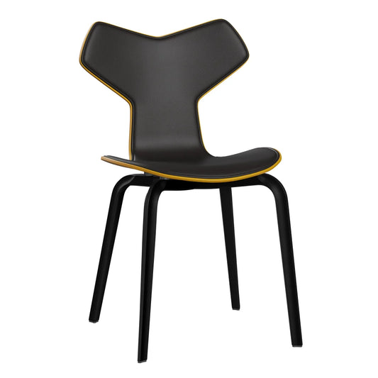 Grand Prix™ - 4130, Front Upholstered (Shell - Coloured Veneer / Ash - True Yellow (465) / Upholstery Material - Aura Leather / Base - Coloured Veneer / Ash - Black (195) / Seat height - 46 cm / feet with felt - Yes) by Fritz Hansen #Aura Leather / Black Brown