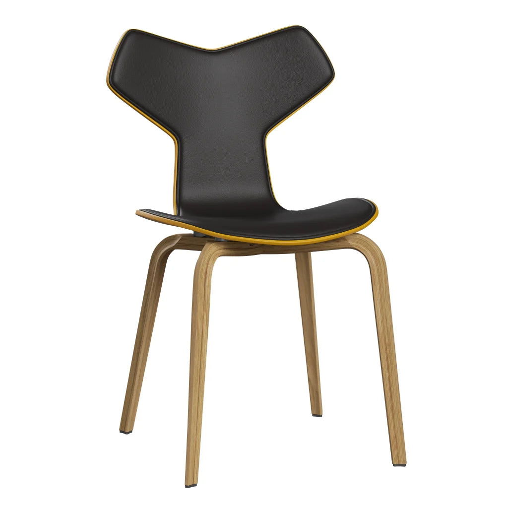 Grand Prix™ - 4130, Front Upholstered (Shell - Coloured Veneer / Ash - True Yellow (465) / Upholstery Material - Aura Leather / Base - Clear Lacquered Veneer / Oak / Seat height - 46 cm / feet with felt - Yes) by Fritz Hansen #Aura Leather / Black Brown