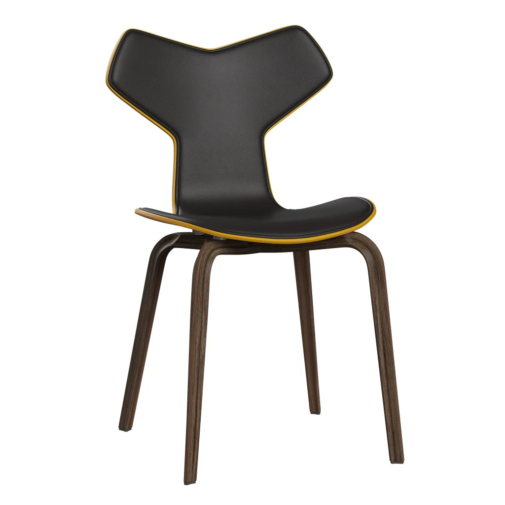 Grand Prix™ - 4130, Front Upholstered (Shell - Coloured Veneer / Ash - True Yellow (465) / Upholstery Material - Aura Leather / Base - Clear Lacquered Veneer / Walnut / Seat height - 46 cm / feet with felt - Yes) by Fritz Hansen #Aura Leather / Black Brown