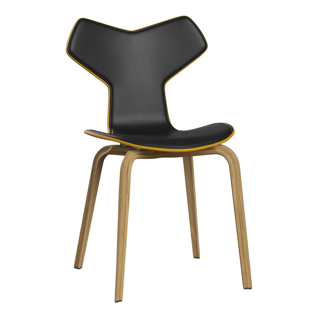 Grand Prix™ - 4130, Front Upholstered (Shell - Coloured Veneer / Ash - True Yellow (465) / Upholstery Material - Aura Leather / Base - Clear Lacquered Veneer / Oak / Seat height - 46 cm / feet with felt - Yes) by Fritz Hansen #Aura Leather / Black