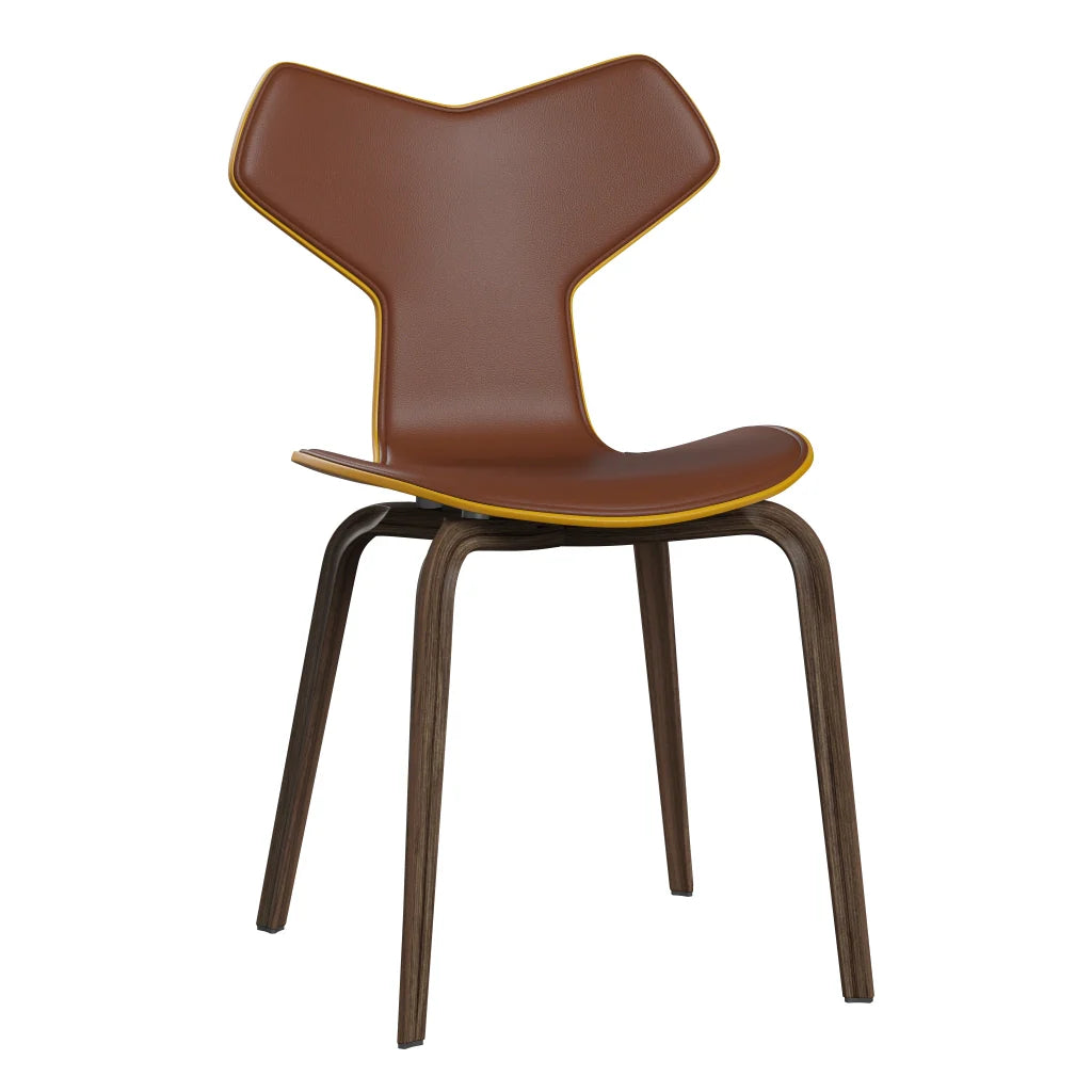 Grand Prix™ - 4130, Front Upholstered (Shell - Coloured Veneer / Ash - True Yellow (465) / Upholstery Material - Aura Leather / Base - Clear Lacquered Veneer / Walnut / Seat height - 46 cm / feet with felt - Yes) by Fritz Hansen #Aura Leather / Cognac