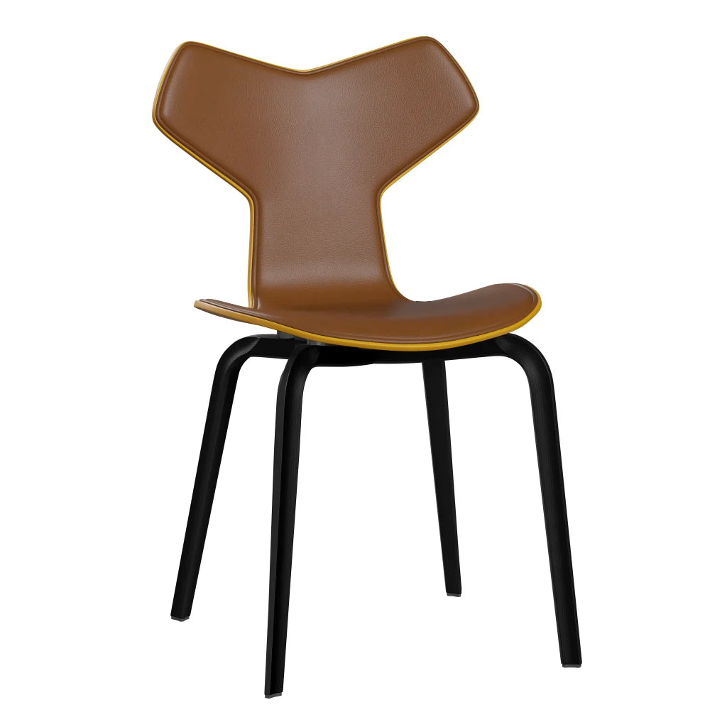 Grand Prix™ - 4130, Front Upholstered (Shell - Coloured Veneer / Ash - True Yellow (465) / Upholstery Material - Aura Leather / Base - Coloured Veneer / Ash - Black (195) / Seat height - 46 cm / feet with felt - Yes) by Fritz Hansen #Aura Leather / Walnut