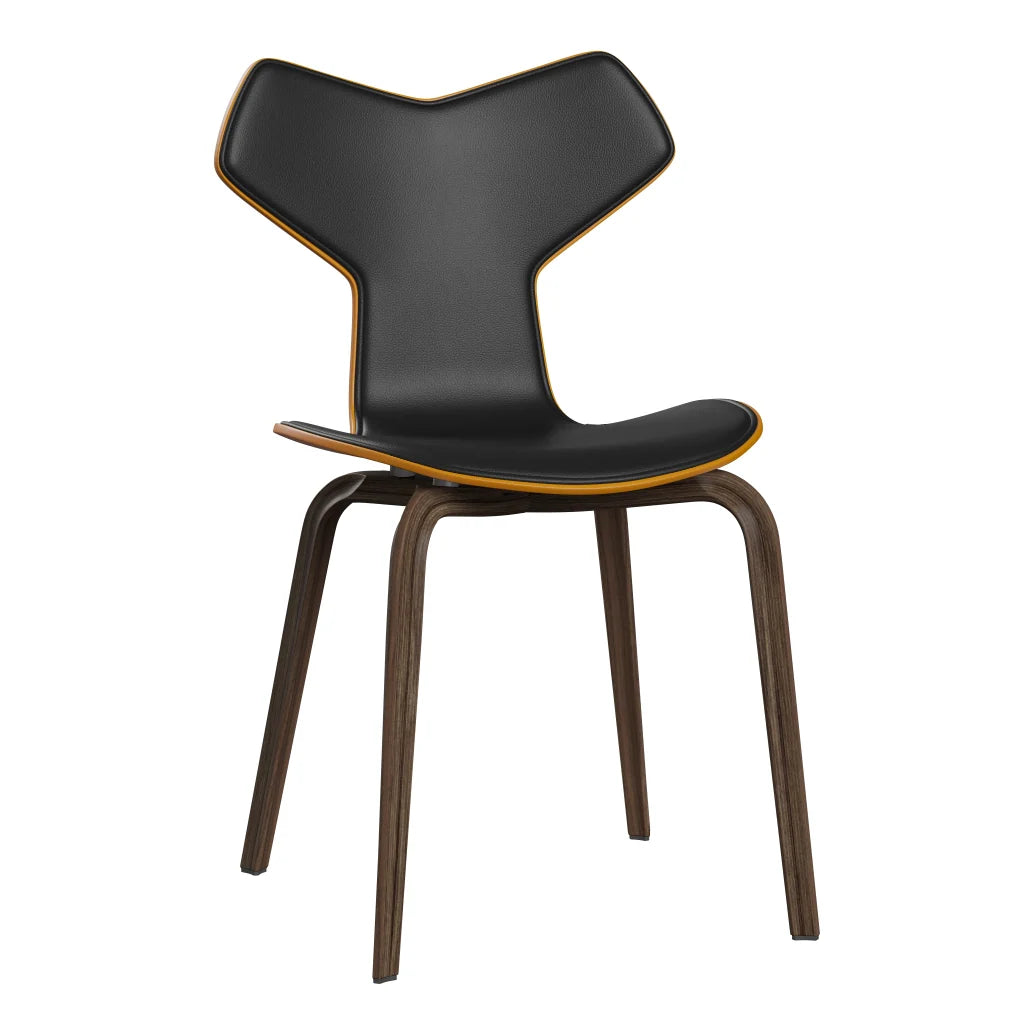 Grand Prix™ - 4130, Front Upholstered (Shell - Coloured Veneer / Ash - Burnt Yellow (475) / Upholstery Material - Aura Leather / Base - Clear Lacquered Veneer / Walnut / Seat height - 46 cm / feet with felt - Yes) by Fritz Hansen #Aura Leather / Black