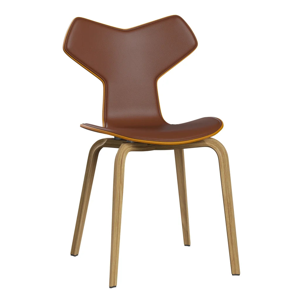 Grand Prix™ - 4130, Front Upholstered (Shell - Coloured Veneer / Ash - Burnt Yellow (475) / Upholstery Material - Aura Leather / Base - Clear Lacquered Veneer / Oak / Seat height - 46 cm / feet with felt - Yes) by Fritz Hansen #Aura Leather / Cognac