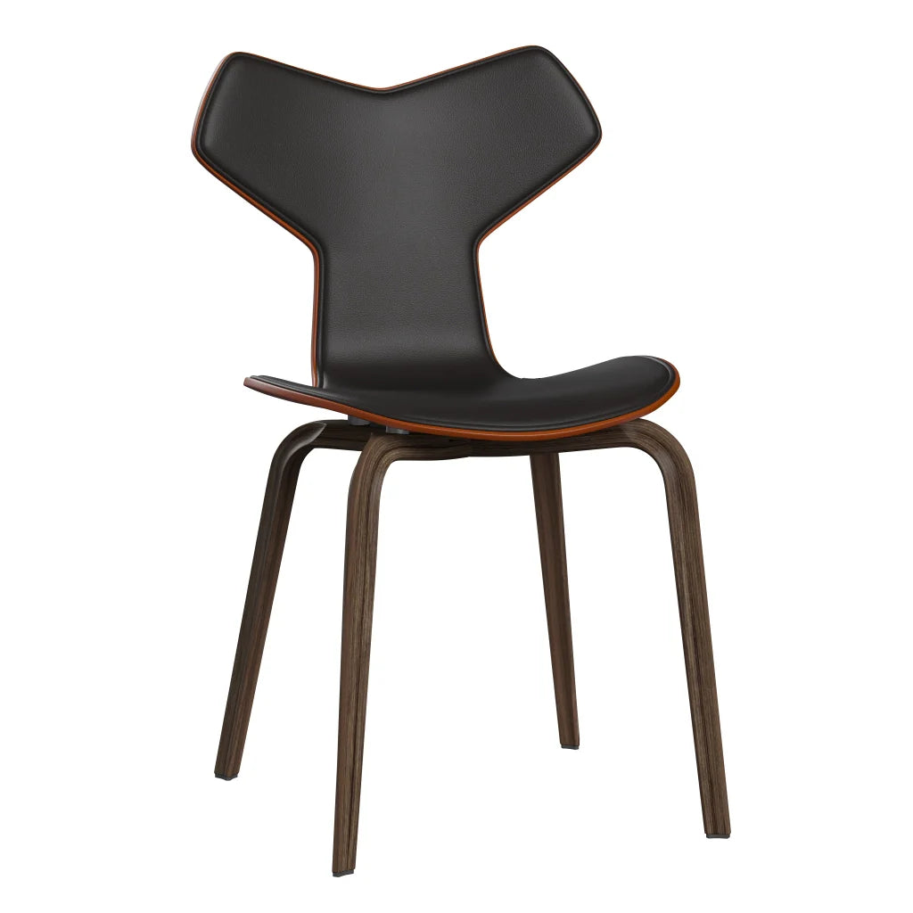 Grand Prix™ - 4130, Front Upholstered (Shell - Coloured Veneer / Ash - Paradise Orange (575) / Upholstery Material - Aura Leather / Base - Clear Lacquered Veneer / Walnut / Seat height - 46 cm / feet with felt - Yes) by Fritz Hansen #Aura Leather / Black Brown