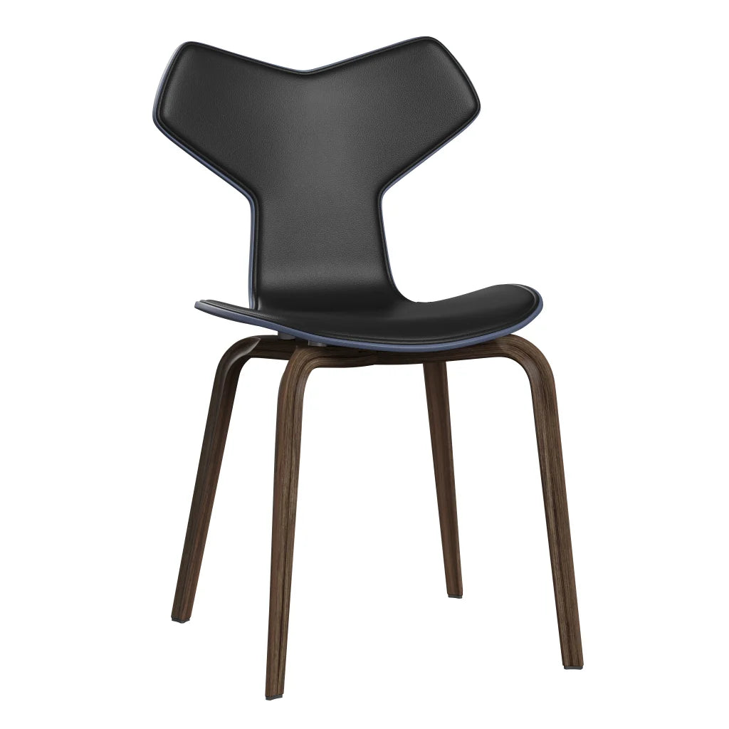 Grand Prix™ - 4130, Front Upholstered (Shell - Coloured Veneer / Ash - Dusk Blue (855) / Upholstery Material - Aura Leather / Base - Clear Lacquered Veneer / Walnut / Seat height - 46 cm / feet with felt - Yes) by Fritz Hansen #Aura Leather / Black