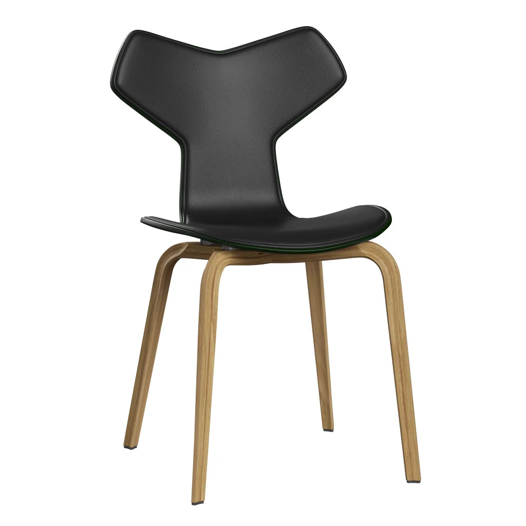 Grand Prix™ - 4130, Front Upholstered (Shell - Coloured Veneer / Ash - Evergreen (955) / Upholstery Material - Aura Leather / Base - Clear Lacquered Veneer / Oak / Seat height - 46 cm / feet with felt - Yes) by Fritz Hansen #Aura Leather / Black