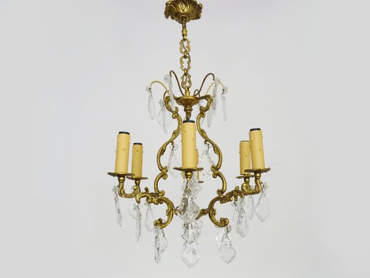 6-Light Bronze Cage Chandelier with Glass Pendants, 1960s-MZP-1773257