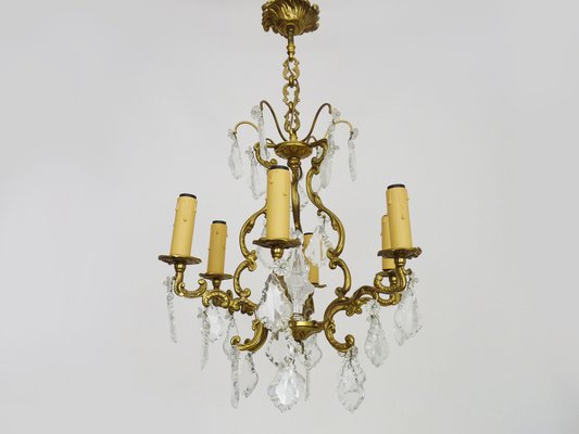 6-Light Bronze Cage Chandelier with Glass Pendants, 1960s-MZP-1773257