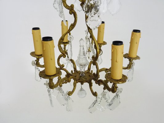 6-Light Bronze Cage Chandelier with Glass Pendants, 1960s-MZP-1773257