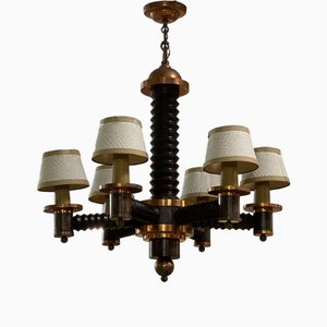 6-Light Oak Chandelier, 1950s-QYF-2042025