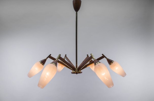 6-Light Sputnik Ceiling Lamp in Teak, Brass and Glass, 1950s-KQB-1427888