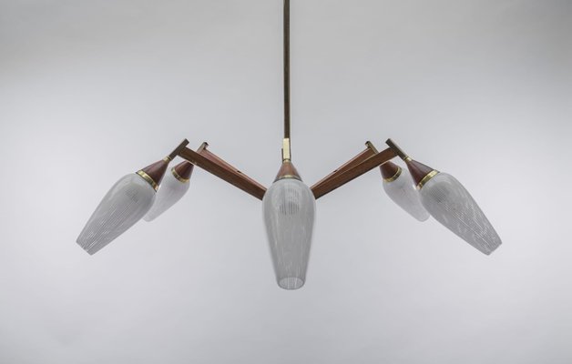 6-Light Sputnik Ceiling Lamp in Teak, Brass and Glass, 1950s-KQB-1427888