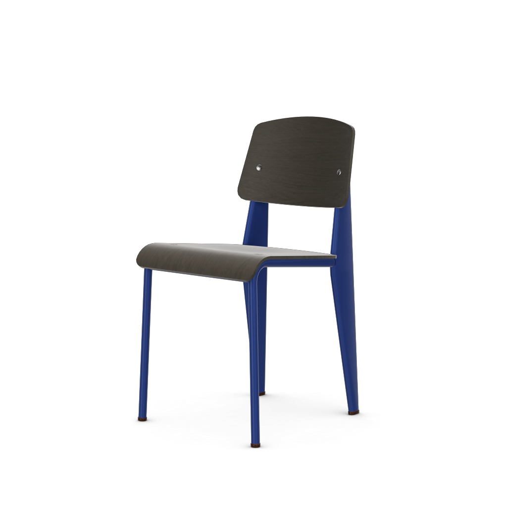 Standard Chair by Vitra #Prouvé Bleu Marcoule powder-coated (smooth), brown glides / dark oak, with protective varnish