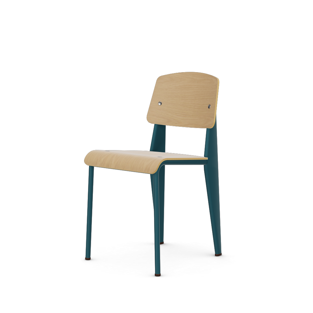 Standard Chair by Vitra #Prouvé Bleu Dynastie powder-coated (smooth), brown glides / natural oak, with protective varnish