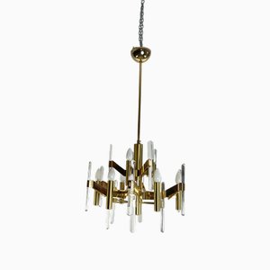 9-Light Chandelier in Gilded Brass and Crystal attributed to Gaetano Sciolari, 1970s-YST-2021394