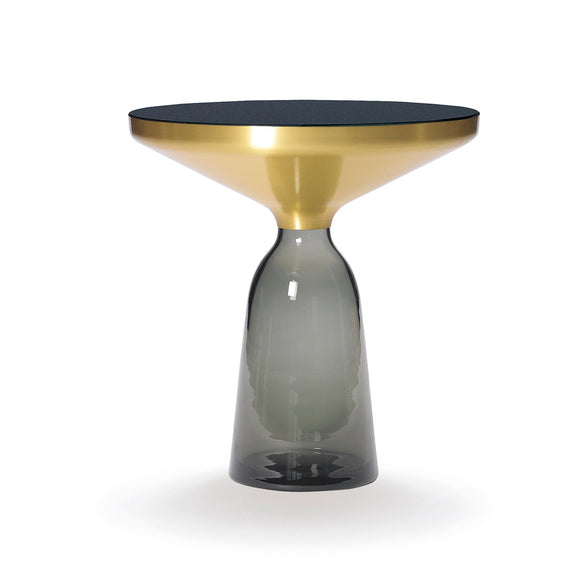 Bell Side Table Brass - Round Brass And Glass Side Table by Classicon #Quartz grey Glass/Natural Brushed Brass/Black lacquered Glass