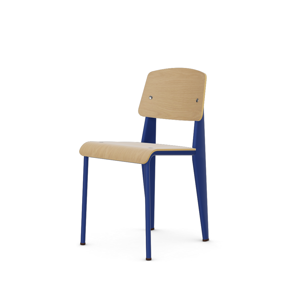 Standard Chair by Vitra #Prouvé Bleu Marcoule powder-coated (smooth), brown glides / natural oak, with protective varnish